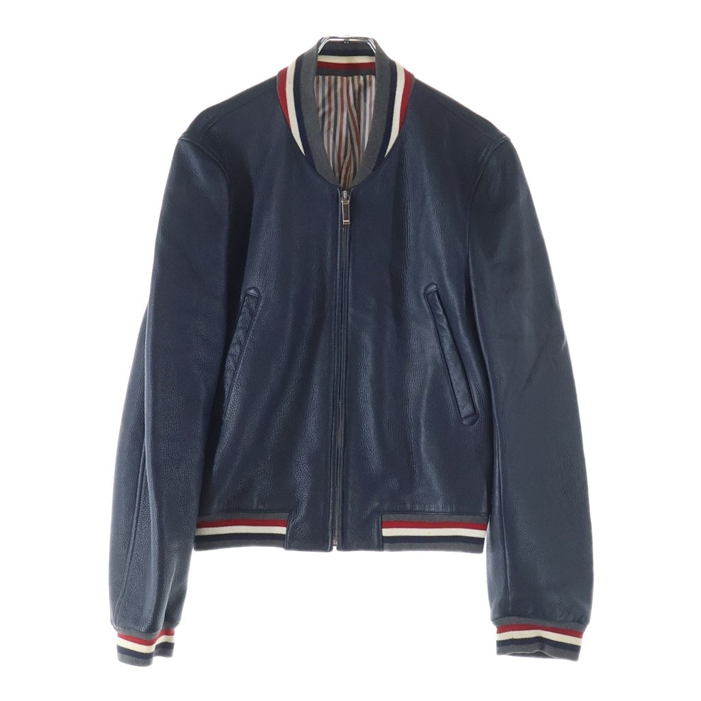 THOM BROWNE(トムブラウン) Leather Blouson MA-1 ディアスキン トリコロール ジップアップブルゾン レザージャケット MJU417A00199415/A0161I24150 ネイビー