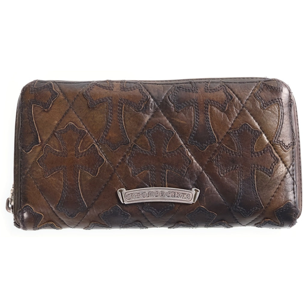 CHROME HEARTS(クロムハーツ) REC F ZIP セメタリークロスパッチ カモフラージュ 迷彩 キルティング ダガージップ レザーウォレット 長財布 カーキ