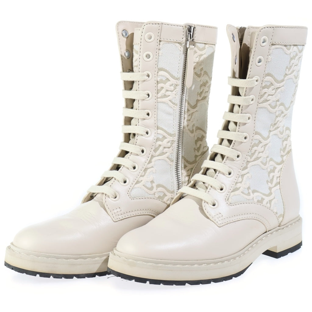 FENDI(フェンディ) Logo Canvas Lace Up Boots ロゴキャンバス レースアップ ブーツ ベージュ レディース