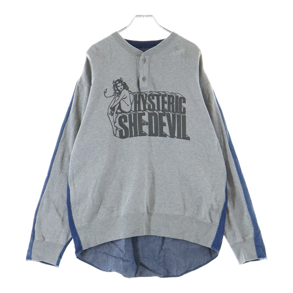 HYSTERIC GLAMOUR(ヒステリックグラマー) SHE DEVIL シーデヴィル リメイクヘンリーネック スウェット グレー/インディゴ 02223AH04