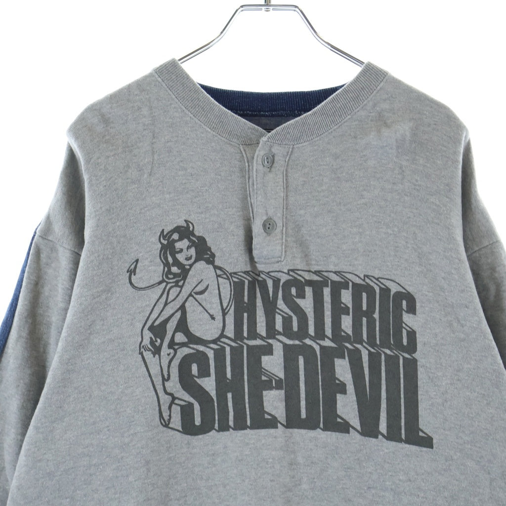 HYSTERIC GLAMOUR(ヒステリックグラマー) SHE DEVIL シーデヴィル リメイクヘンリーネック スウェット グレー/インディゴ 02223AH04