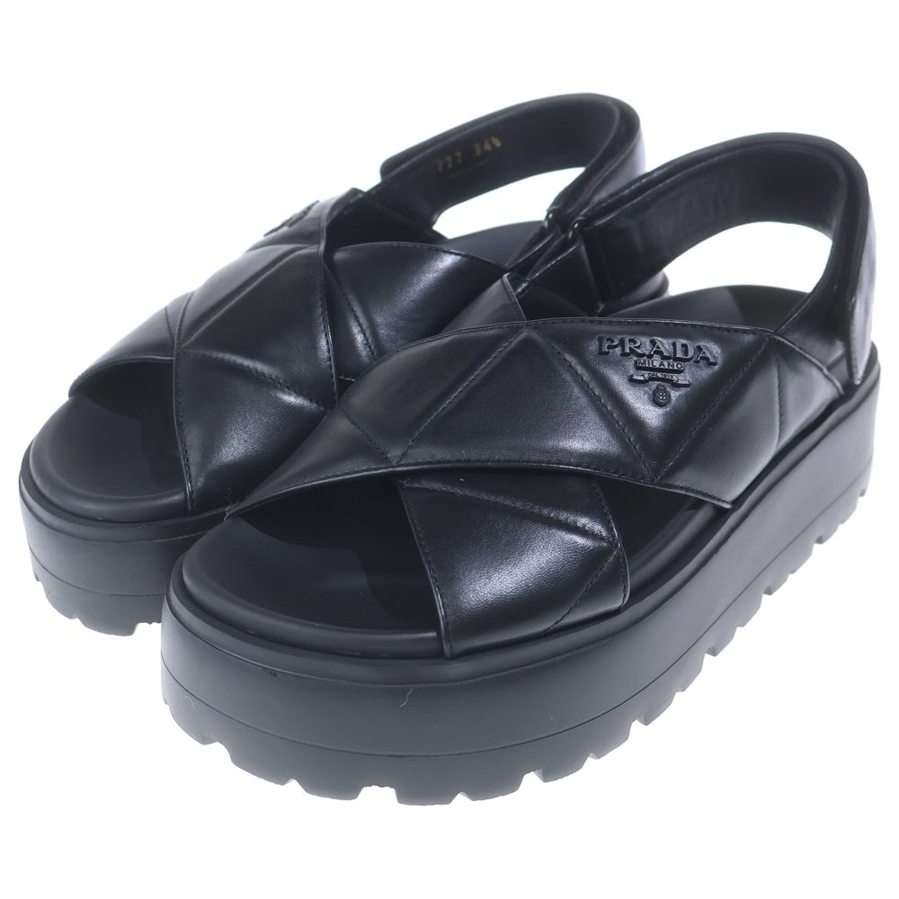 PRADA(プラダ) Nappa Leather Crisscross Flatform Sandals ナッパレザー クリスクロス フラットフォームサンダル ブラック レディース 1XZ777