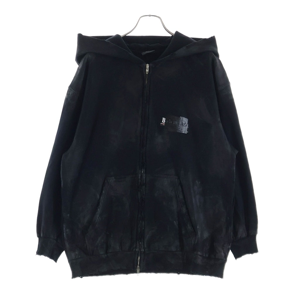 BALENCIAGA(バレンシアガ) Campaign Logo Zip Up Hoodie ダメージ加工ジップアップスウェットパーカー フーディー ブラック 720424 TNVK5