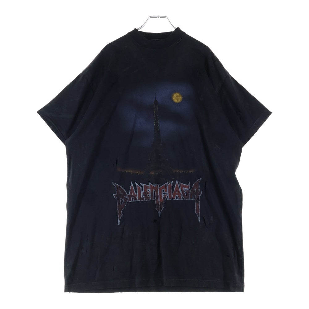 BALENCIAGA(バレンシアガ) 23SS PARIS MOON パリスムーン ユーズド加工 オーバーサイズ 半袖Tシャツ ブラック 739028 TOVE4
