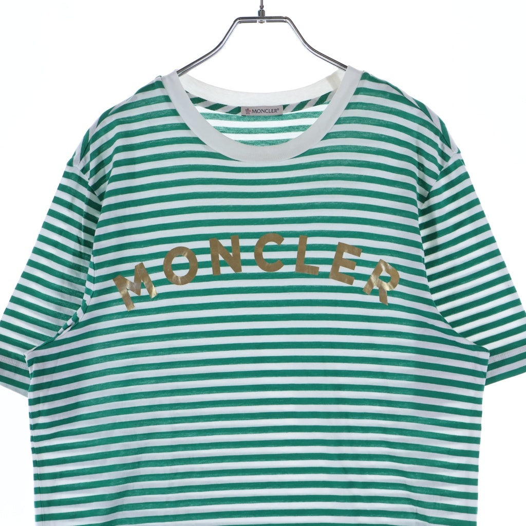 MONCLER(モンクレール) 21AW MAGLIA T-SHIRT マグリア メタリックロゴプリント ボーダー クルーネック半袖Tシャツ カットソー グリーン/ホワイト G10918C7E010