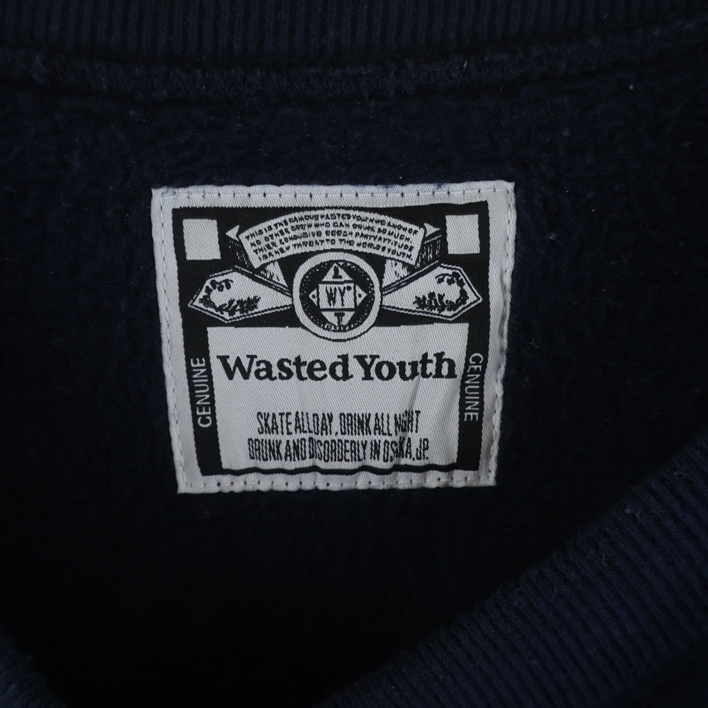 WASTED YOUTH(ウェイステッドユース) Heavy Weight Sweatshirt ロゴ刺繍 ヘビーウェイトクルーネックスウェットトレーナー ネイビー