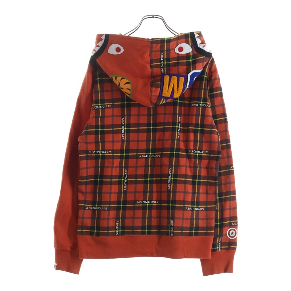 A BATHING APE(アベイシングエイプ) SHARKFULLZIPHOODIE チェック柄 シャークジップフーディー パーカー オレンジ 001ZPI301004M