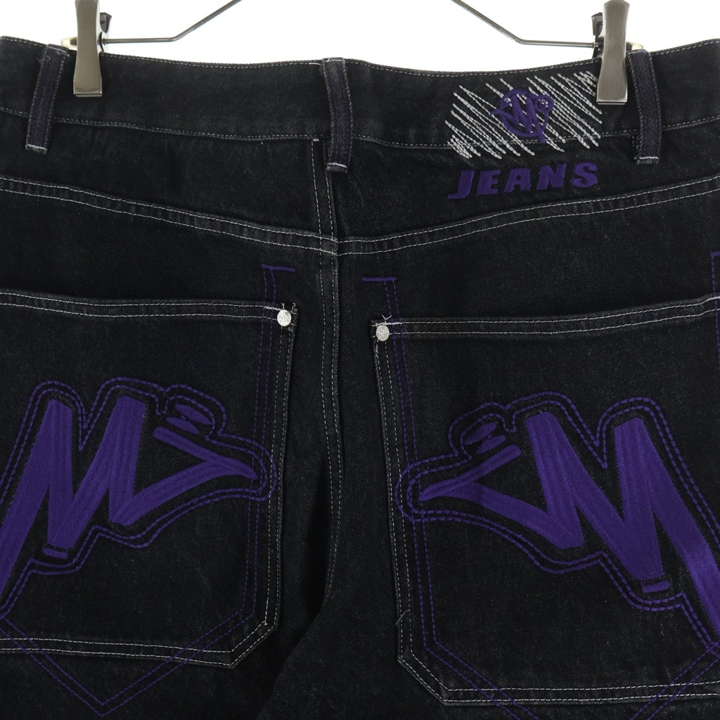 NO BRAND(ノーブランド) minustow ロゴ刺繍 ブラック バギー デニム ブラック/パープル