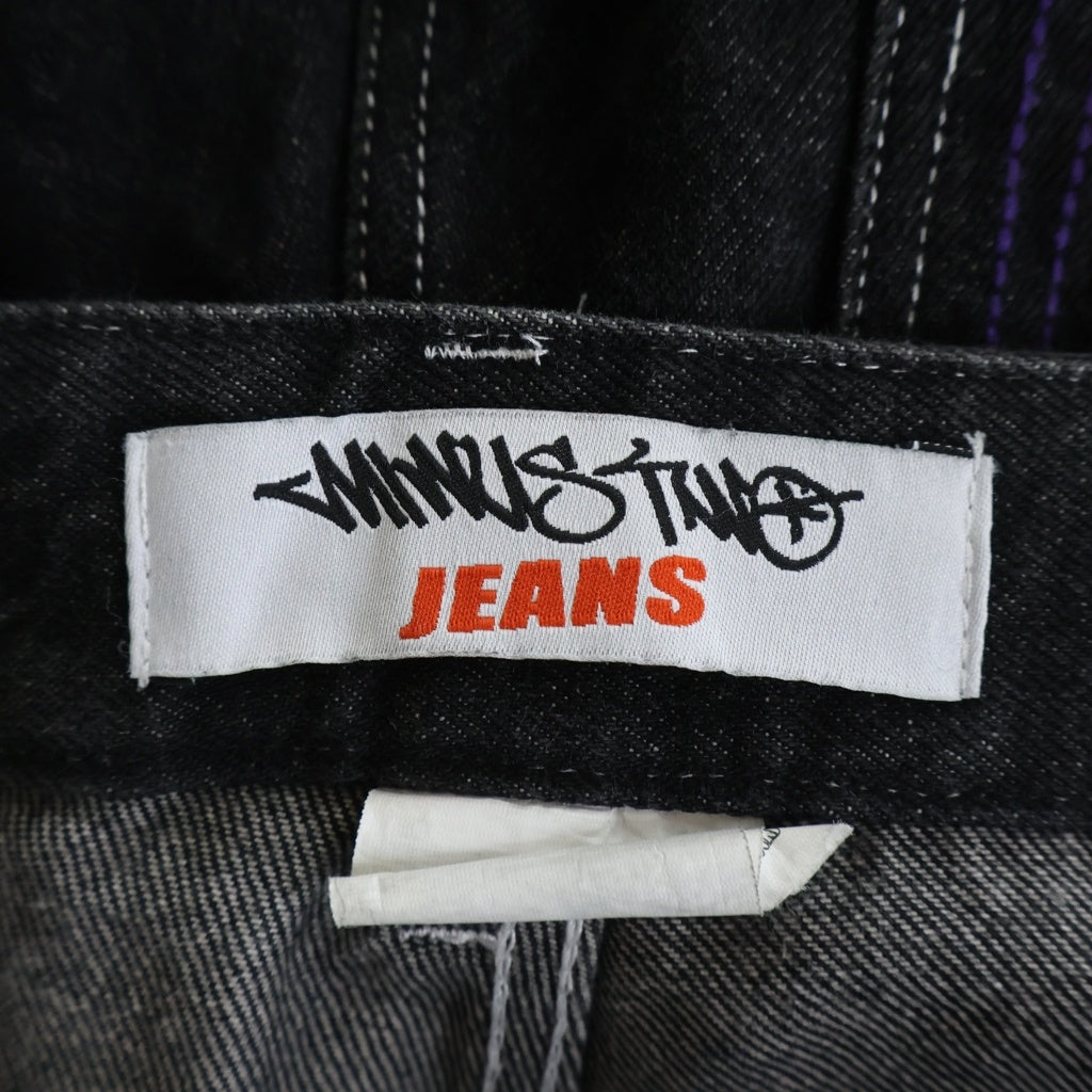 NO BRAND(ノーブランド) minustow ロゴ刺繍 ブラック バギー デニム ブラック/パープル
