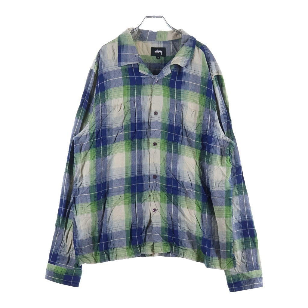 STUSSY(ステューシー) RAYON PLAID LS SHIRT レーヨン チェック オープンカラー 長袖 シャツ グリーン ‐