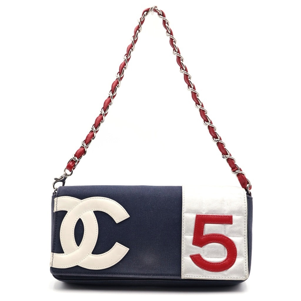CHANEL(シャネル) ナンバー5 チョコバー ココマーク チェーン ショルダー バッグ ネイビー/シルバー レディース