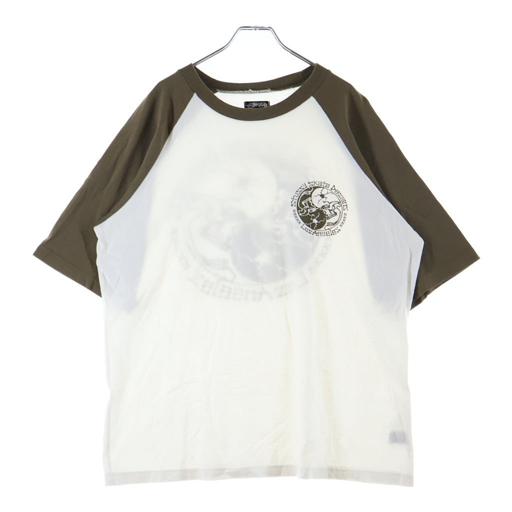 STUSSY(ステューシー) 00S OLD 陰陽 スカル プリント ラグラン 半袖 Tシャツ カットソー ホワイト/ブラウン