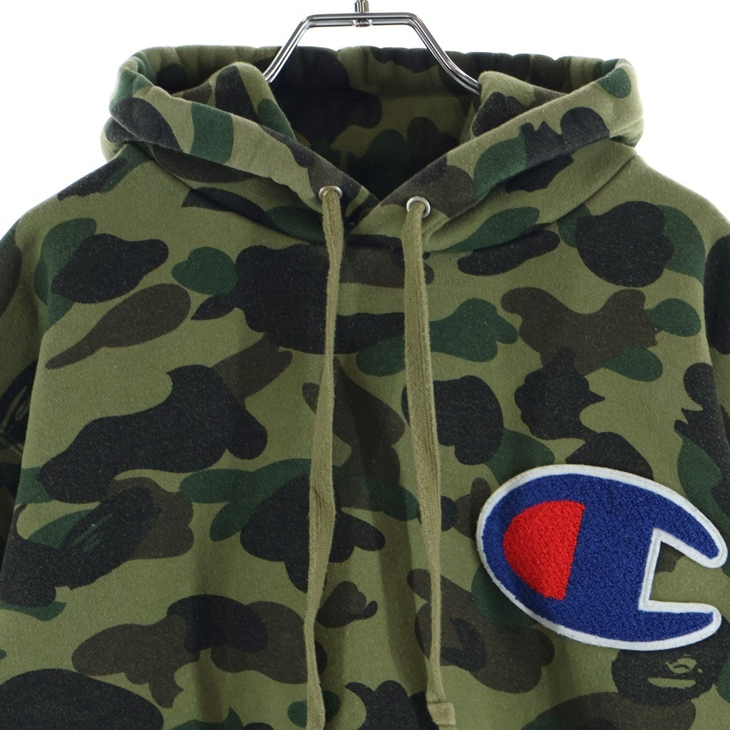 A BATHING APE(アベイシングエイプ) ×Champion 1st Camo ロゴ ワッペン フーデット スウェット シャツ パーカー カーキ