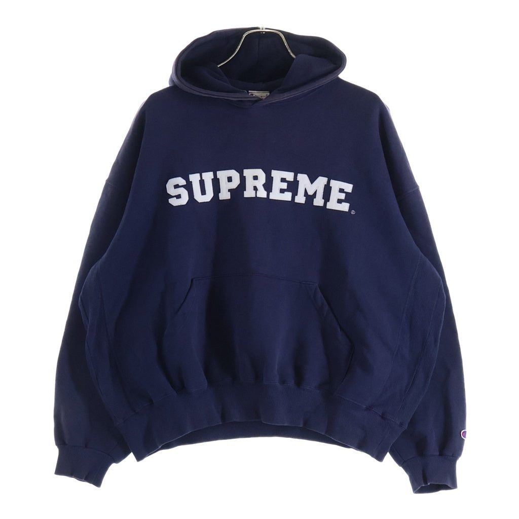 CHAMPION(チャンピオン) 90S 後期 刺繍タグ メキシコ製 SUPREME ロゴ パッチ フーデット スウェットシャツ パーカー ネイビー