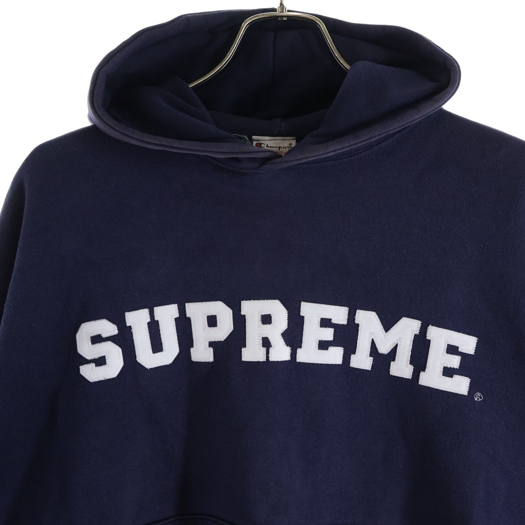 CHAMPION(チャンピオン) 90S 後期 刺繍タグ メキシコ製 SUPREME ロゴ パッチ フーデット スウェットシャツ パーカー ネイビー