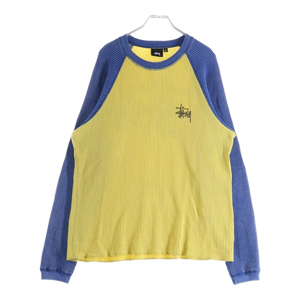 STUSSY(ステューシー) 2 Tone Thermal ロゴプリント ツートン バイカラー サーマル クルーネック ラグラン ロングスリーブ 長袖Tシャツ カットソー イエロー/ブルー 1140362