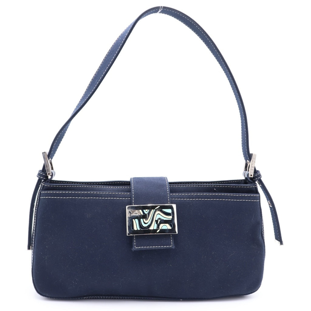 FENDI(フェンディ) マーブル マンマバケット ワンショルダーバッグ ハンドバッグ ネイビー キャンバス シルバー金具 レディース
