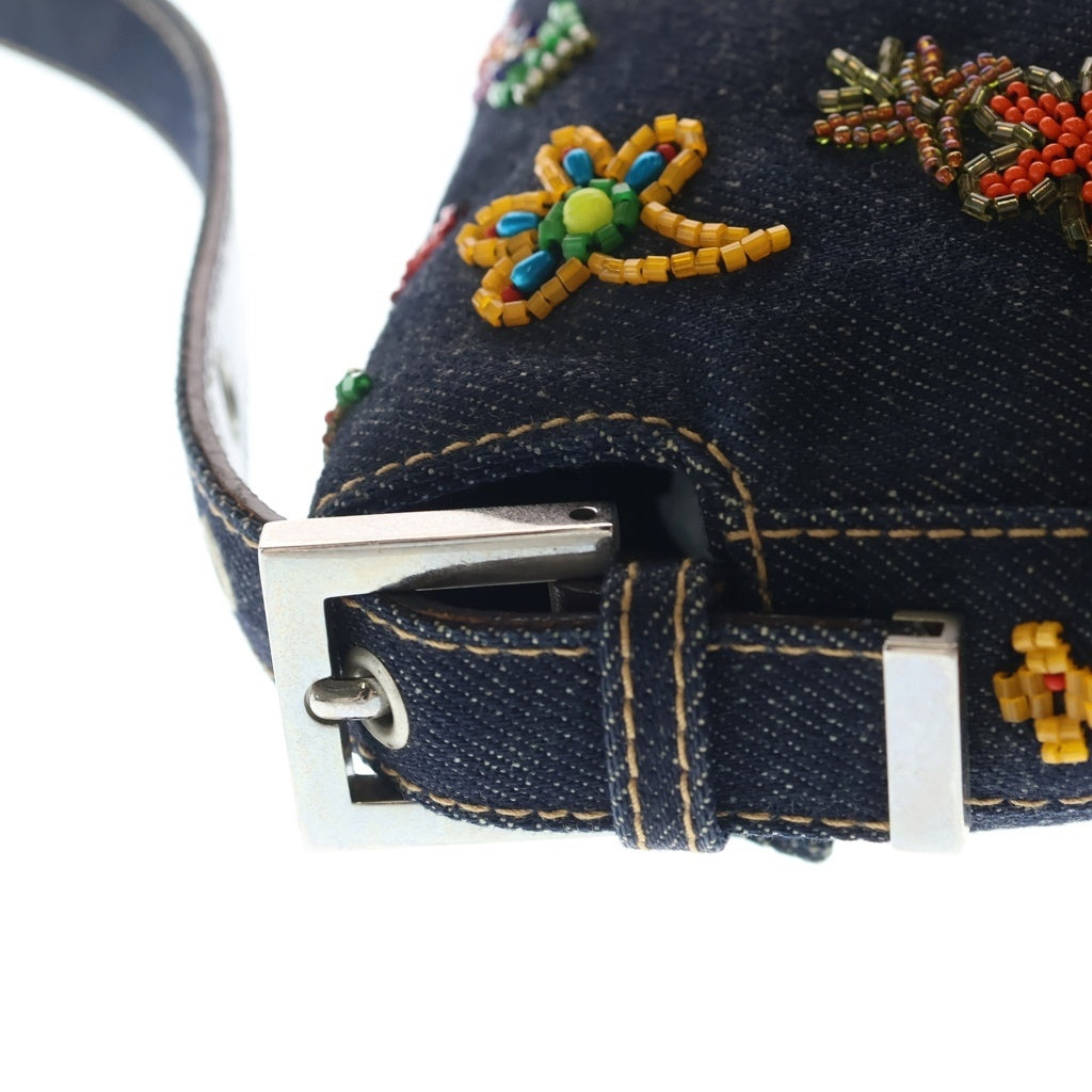 FENDI(フェンディ) マンマバケット デニム ビーズ刺繍 ハンドバッグ シルバー金具 インディゴ レディース