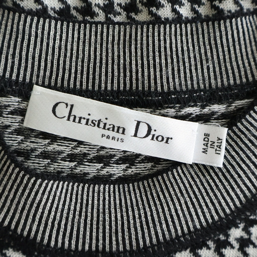 Christian Dior(クリスチャンディオール) BEE刺繍 千鳥格子柄 ウールニット 半袖セーター ブラック/ホワイト レディース 254S12AM138