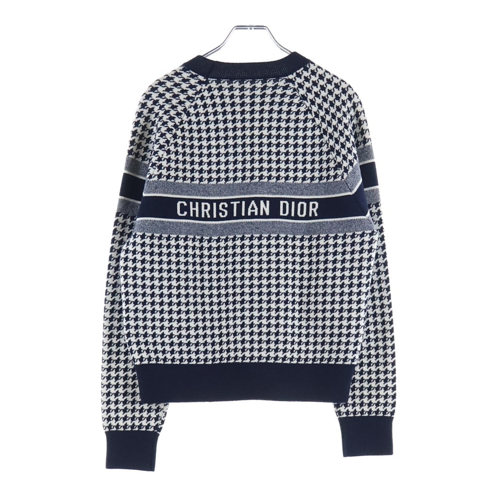 Christian Dior(クリスチャンディオール) ロゴジャガード 千鳥格子 チェック総柄 クルーネック プルオーバー 長袖ニット セーター ネイビー レディース 214S10AM045