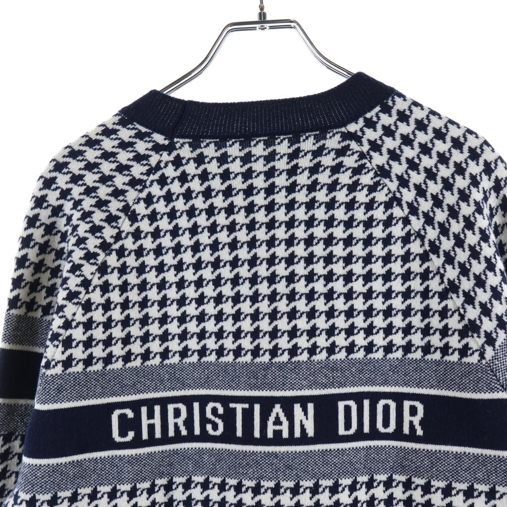 Christian Dior(クリスチャンディオール) ロゴジャガード 千鳥格子 チェック総柄 クルーネック プルオーバー 長袖ニット セーター ネイビー レディース 214S10AM045