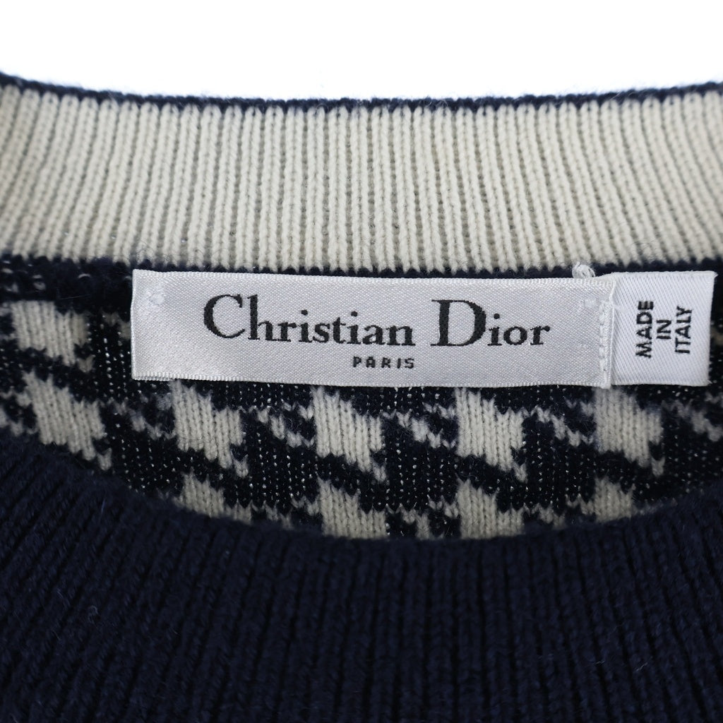 Christian Dior(クリスチャンディオール) ロゴジャガード 千鳥格子 チェック総柄 クルーネック プルオーバー 長袖ニット セーター ネイビー レディース 214S10AM045