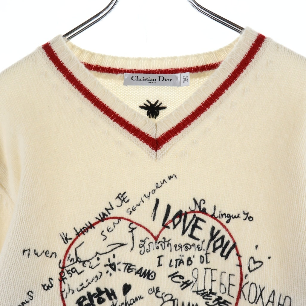 Christian Dior(クリスチャンディオール) 20AW I LOVE YOU 刺繍 Vネック プルオーバー 長袖ニット セーター アイボリー/レッド レディース 054S91AM052