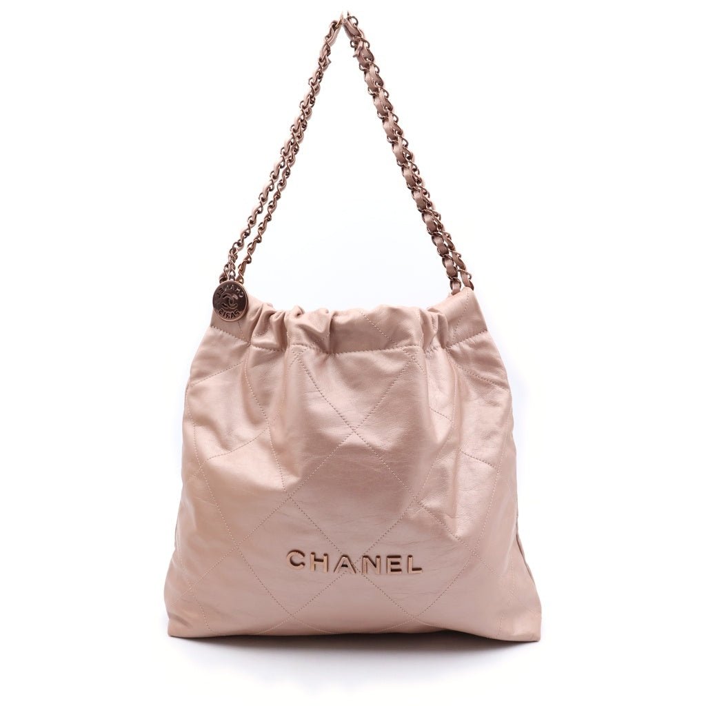 CHANEL(シャネル) シャネル22 スモール チェーンショルダーバッグ カーフスキン レザー ゴールド金具 メタリックピンク AS3980 プレート レディース