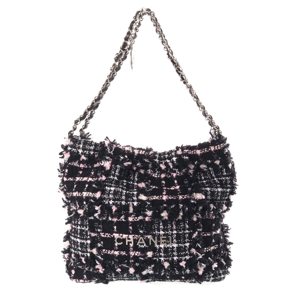 CHANEL(シャネル) シャネル22 2WAYトートバッグ チェーンショルダーバッグ ブラック×ピンク レザー×ツイード プレートシリアル AS3260 シルバー金具 レディース
