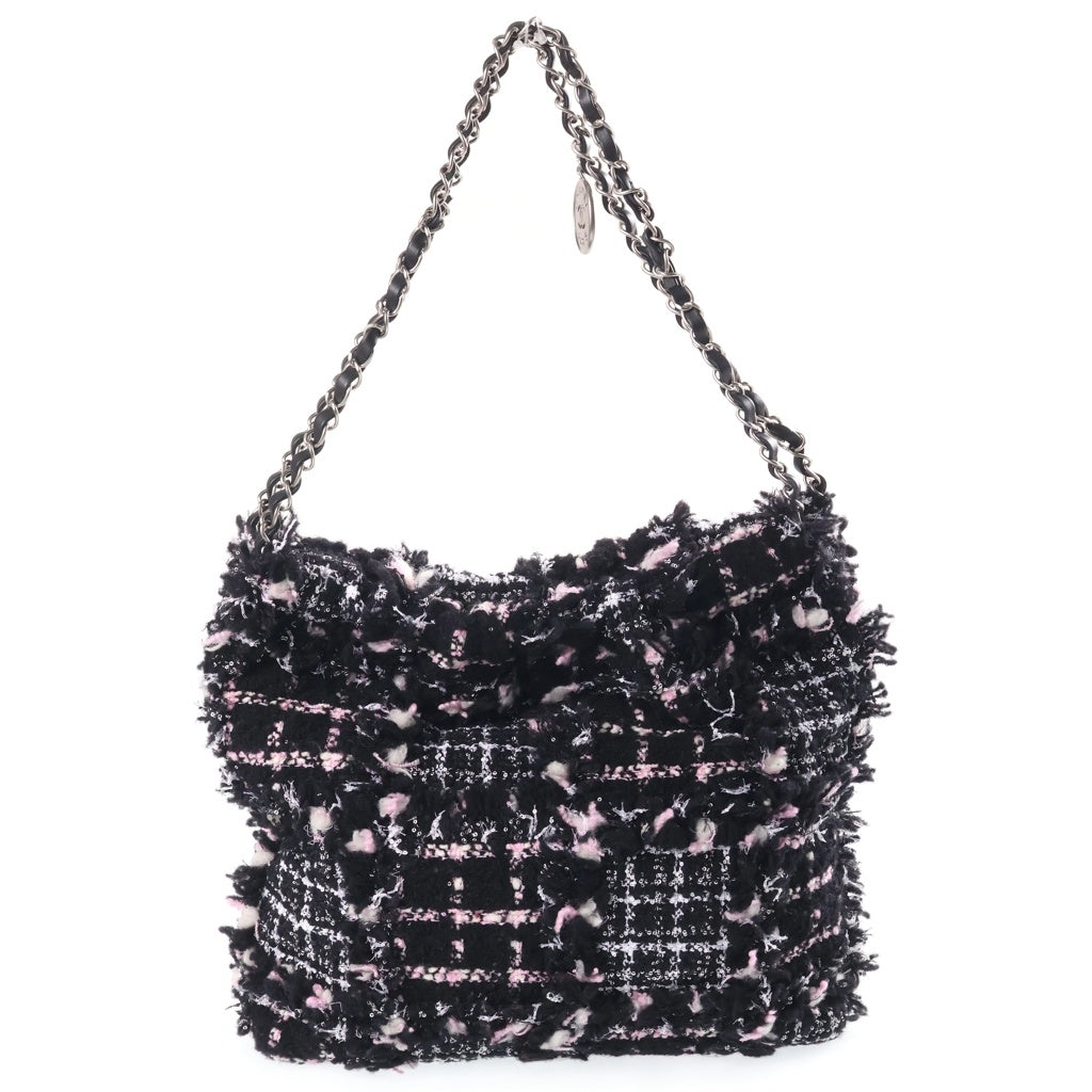 CHANEL(シャネル) シャネル22 2WAYトートバッグ チェーンショルダーバッグ ブラック×ピンク レザー×ツイード プレートシリアル AS3260 シルバー金具 レディース