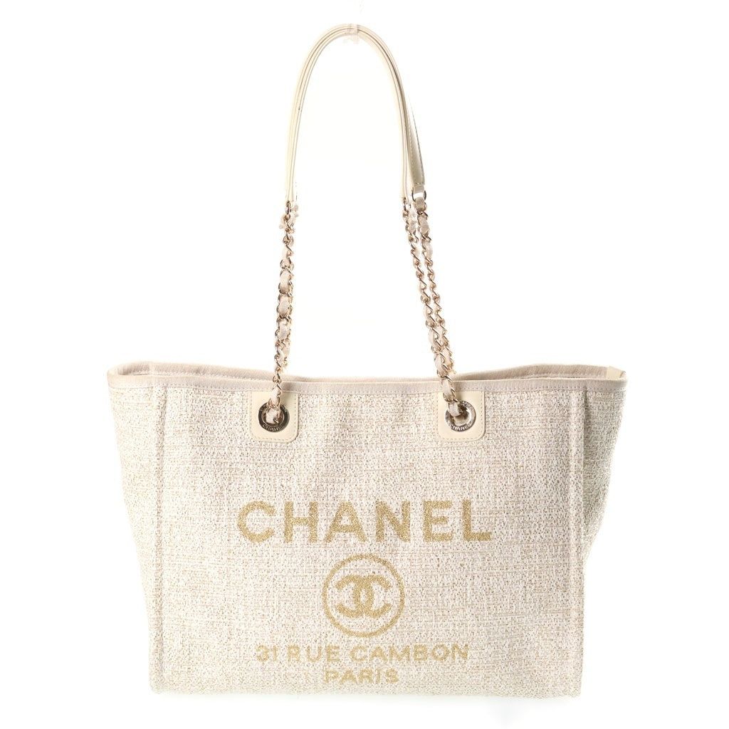 CHANEL(シャネル) ドーヴィルMM 2WAY ハンドバッグ チェーンショルダーバッグ トートバッグ アイボリー レザー×キャンバス AS3351 27番台 ゴールド金具 レディース