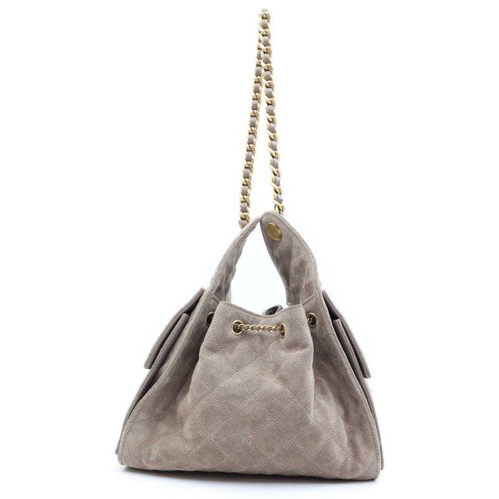 CHANEL(シャネル) シャネル25 スモール チェーンショルダーバッグ スエード レザー ゴールド金具 グレー プレート レディース