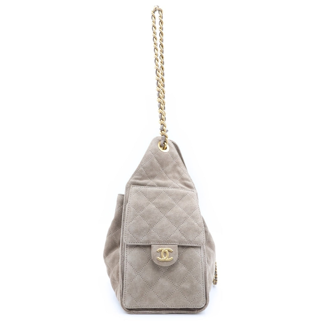 CHANEL(シャネル) シャネル25 スモール チェーンショルダーバッグ スエード レザー ゴールド金具 グレー プレート レディース
