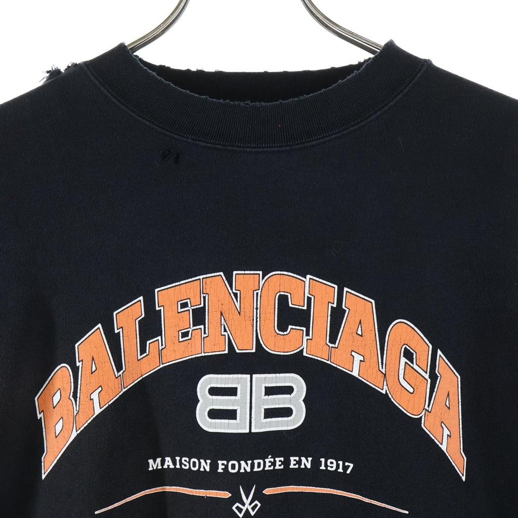 BALENCIAGA(バレンシアガ) カレッジロゴプリント ダメージ加工 スウェットクルーネックシャツ トレーナー ブラック 676629 TLVJ3