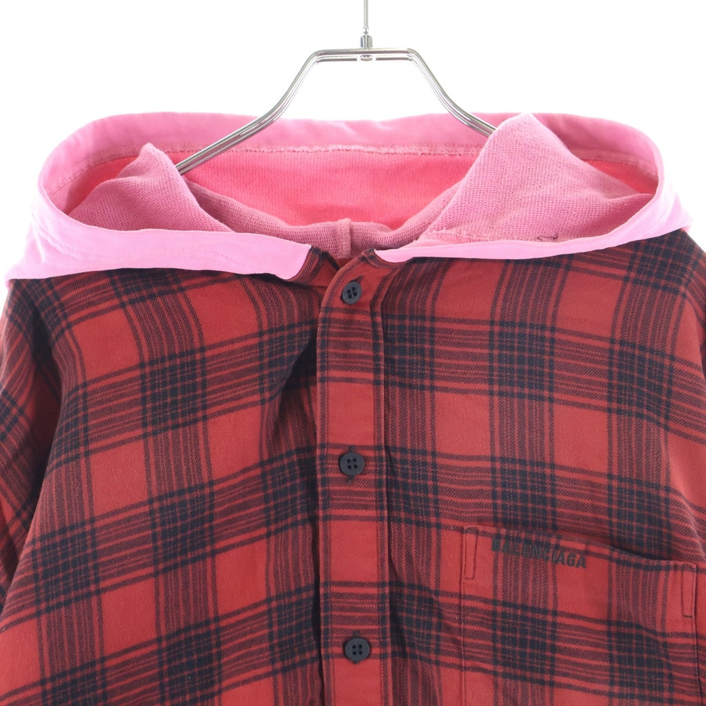 BALENCIAGA(バレンシアガ) HOODED CHECK SHIRT ダメージ加工 フーデッド長袖チェックシャツ レッド/ブラック 746369 TNM25