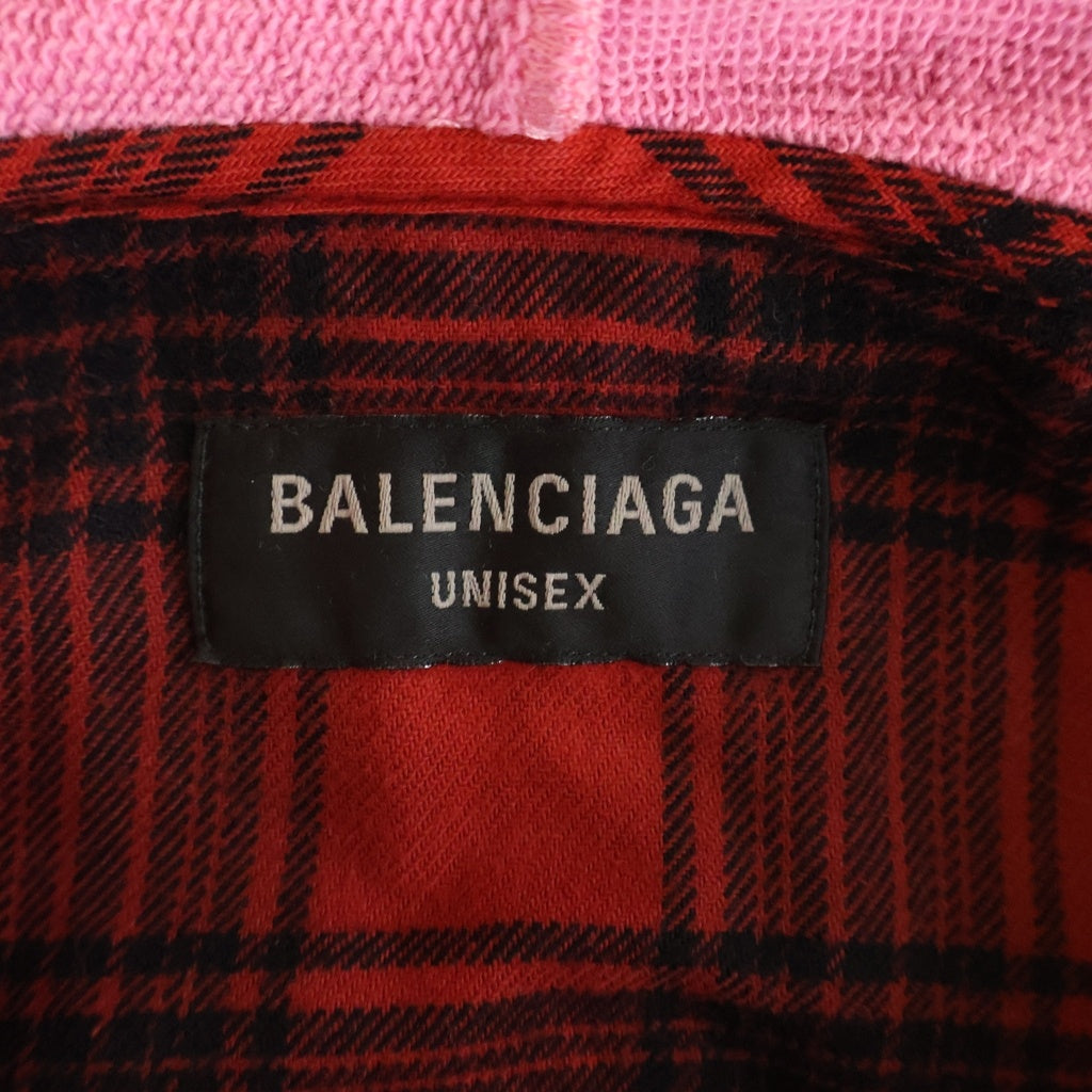 BALENCIAGA(バレンシアガ) HOODED CHECK SHIRT ダメージ加工 フーデッド長袖チェックシャツ レッド/ブラック 746369 TNM25