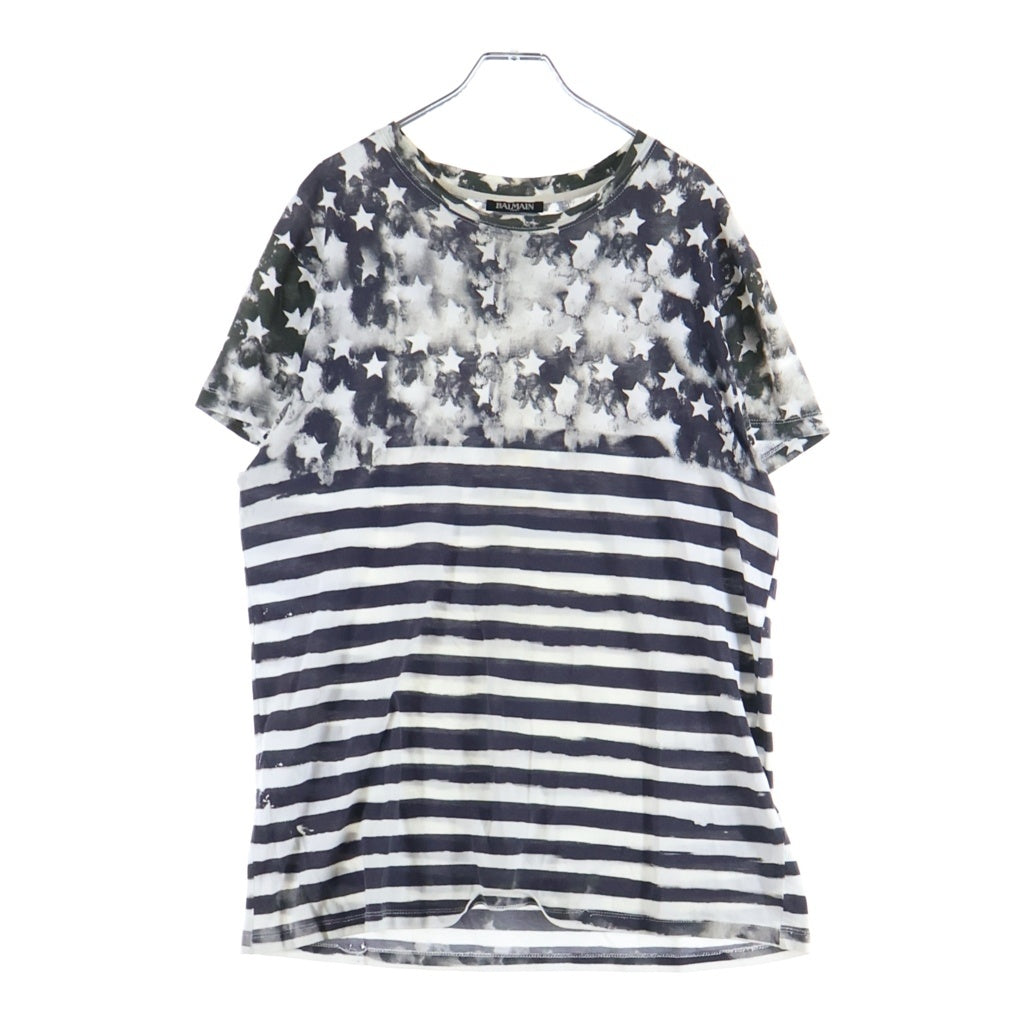 BALMAIN(バルマン) 18SS スター/ボーダー 総柄プリント 半袖Tシャツ カットソー ホワイト/ブラック S8H8601I093