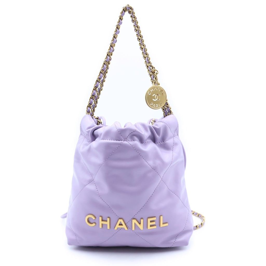 CHANEL(シャネル) シャネル22 ミニ チェーンショルダーバッグ 巾着バッグ ライトパープル ラムスキン プレートシリアル AS3980 ゴールド金具 レディース