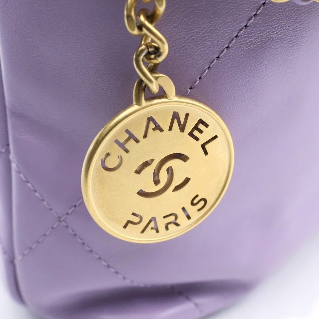 CHANEL(シャネル) シャネル22 ミニ チェーンショルダーバッグ 巾着バッグ ライトパープル ラムスキン プレートシリアル AS3980 ゴールド金具 レディース