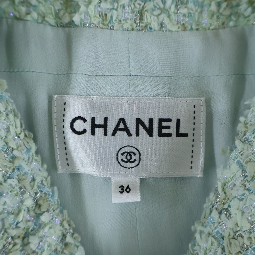 CHANEL(シャネル) ミニドレス ワンピース 半袖 ココボタン 2020 ツイード ライトグリーン P63220V48654 レディース