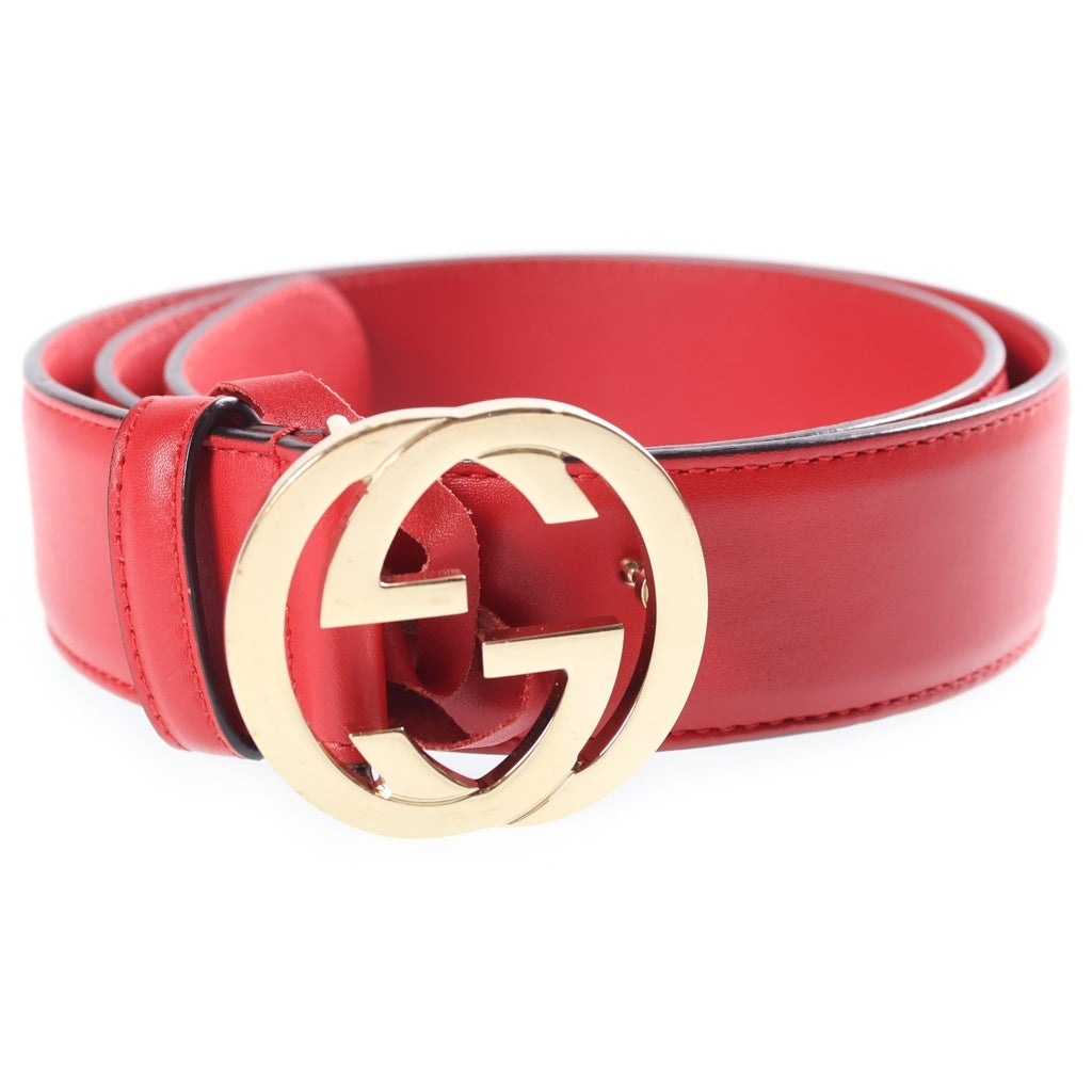 GUCCI(グッチ) インターロッキング レザーベルト レッド 546386 ゴールド金具 レディース