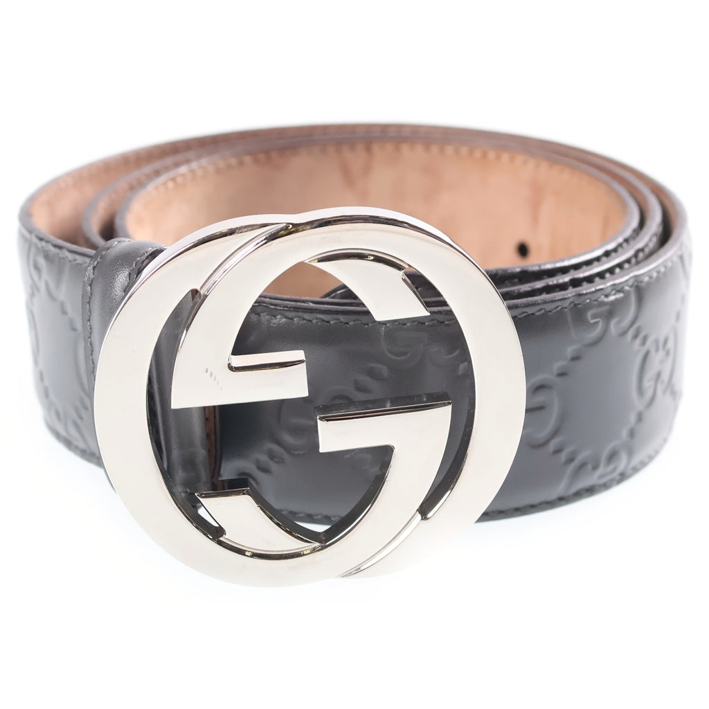 GUCCI(グッチ) インターロッキングG グッチシマ レザーベルト グレー 411924 シルバー金具