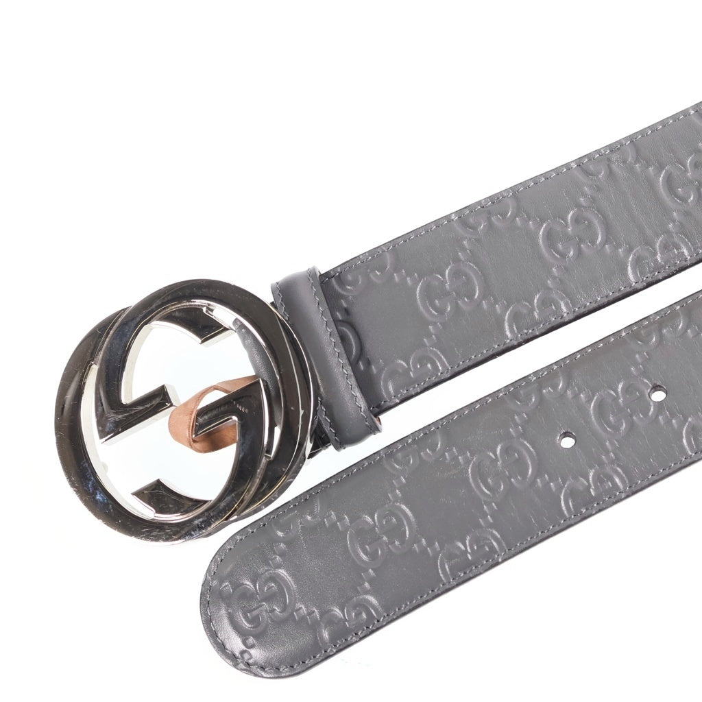 GUCCI(グッチ) インターロッキングG グッチシマ レザーベルト グレー 411924 シルバー金具