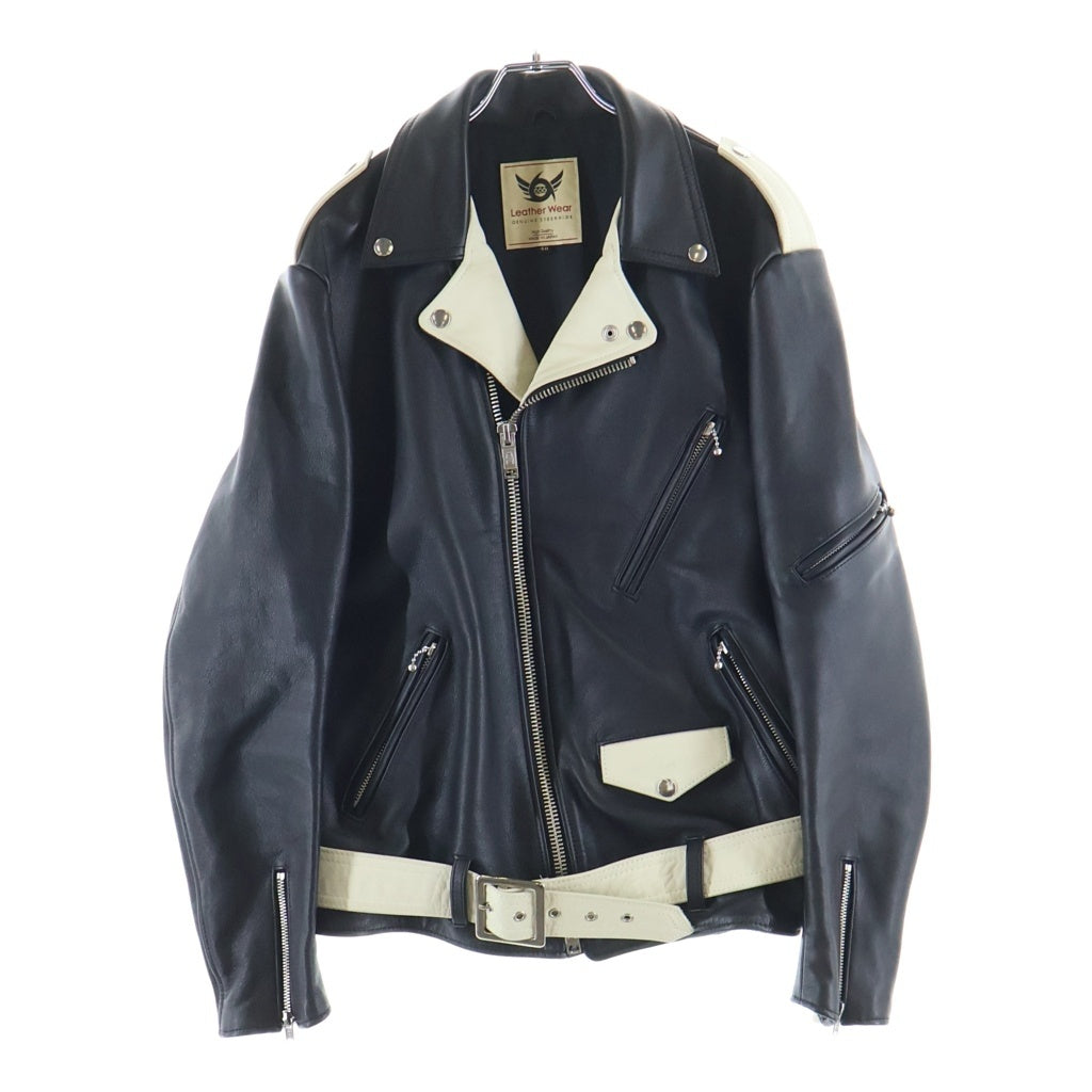666 LEATHER WEAR(トリプルシックスレザーウェア) ジョニーサンダースカラー ライダースジャケット スティアハイド レザー ブラック/ホワイト LJM-10JTF