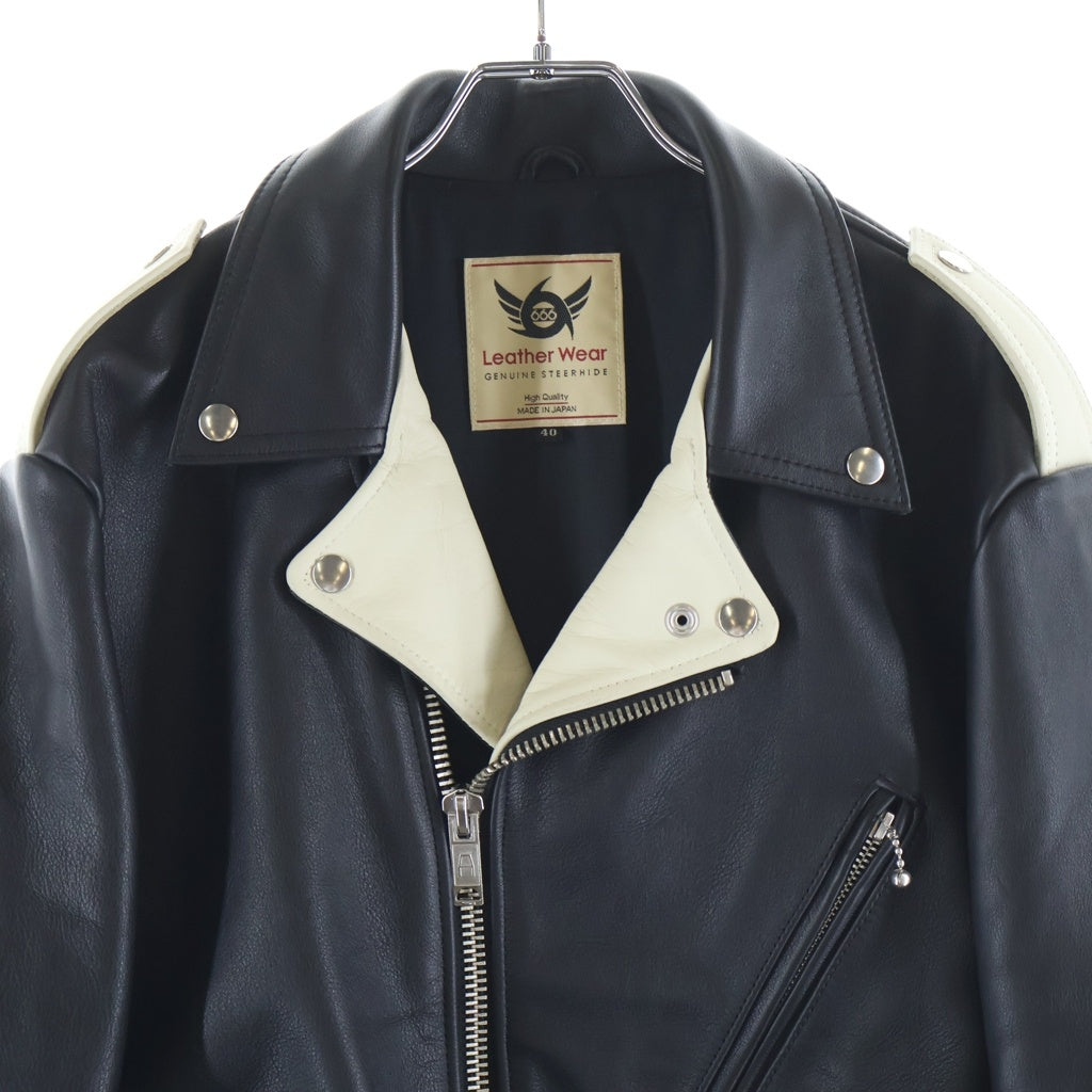 666 LEATHER WEAR(トリプルシックスレザーウェア) ジョニーサンダースカラー ライダースジャケット スティアハイド レザー ブラック/ホワイト LJM-10JTF