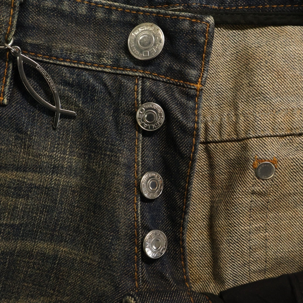DSQUARED2(ディースクエアード) 05AW SAITH ヴィンテージ加工 スタッズ/チャーム付き ストレートデニムパンツ インディゴ 71P157