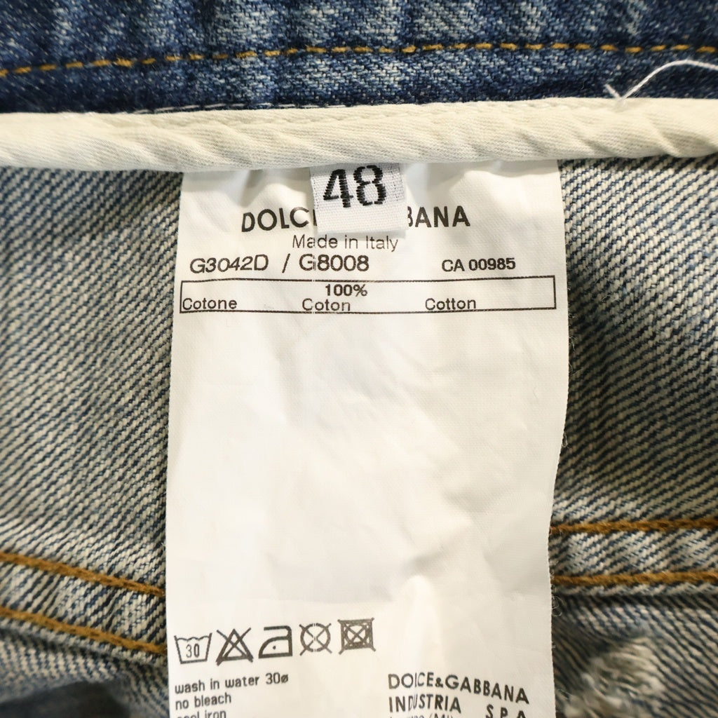 DOLCE & GABBANA(ドルチェアンドガッバーナ) DGロゴプレート ダメージ加工 ストレートデニムパンツ ライトインディゴ G3042D G8008