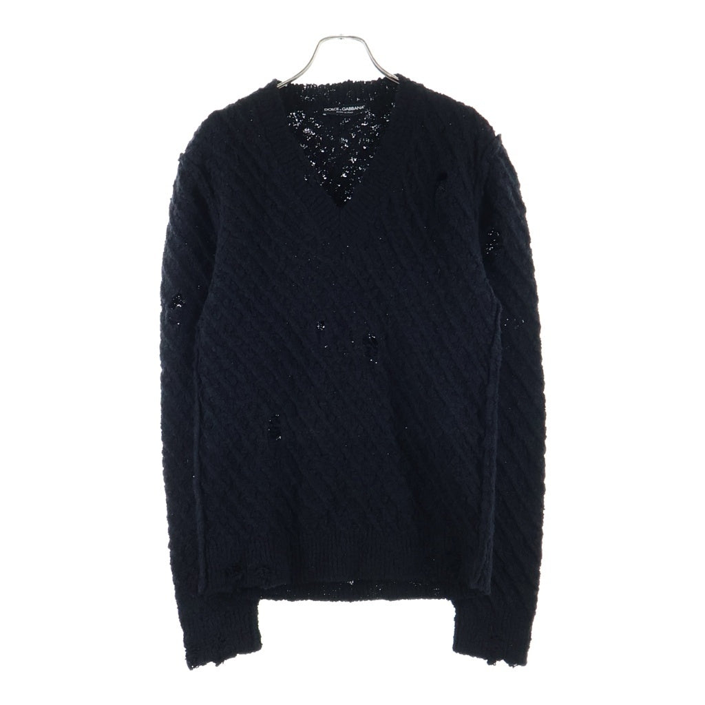DOLCE & GABBANA(ドルチェアンドガッバーナ) ダメージ加工 ミドルゲージVネックニット ブラック GXC15T JAM6R