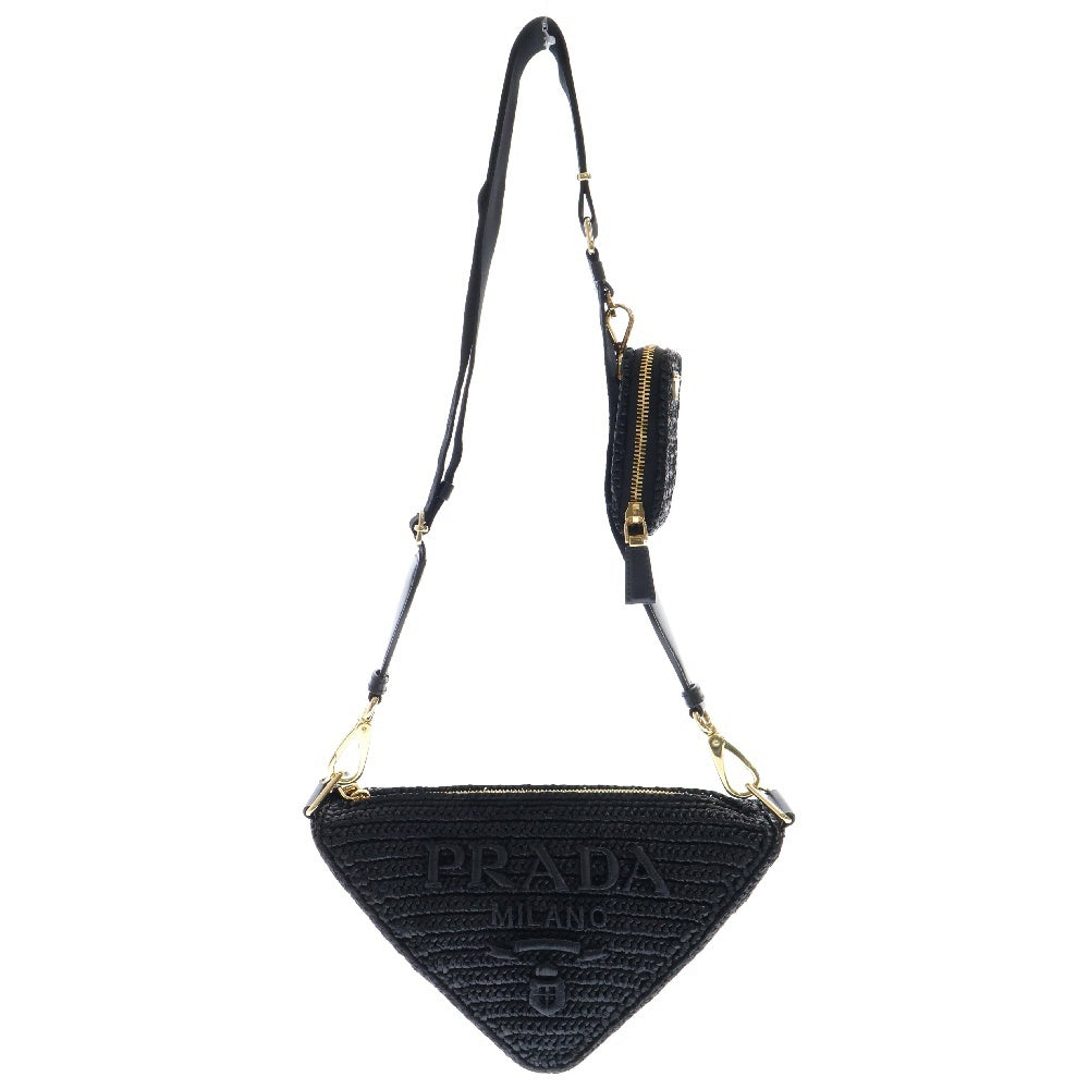 PRADA(プラダ) トライアングル クロシェ ブラック ラフィア ショルダーバッグ ゴールド金具 1BH190