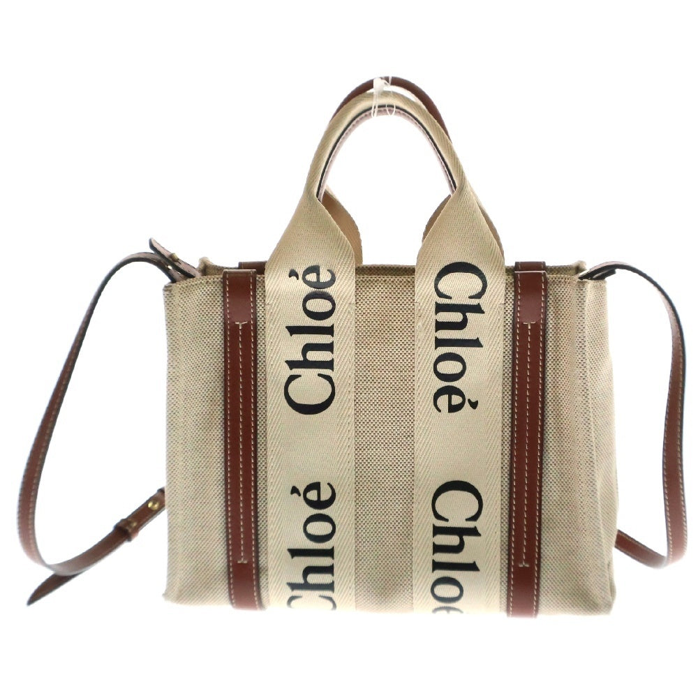 Chloe(クロエ) ウッディ スモール 2WAYハンドバッグ ショルダーバッグ 斜め掛けバッグ 肩掛けバッグ ゴールド金具 ベージュ×ブラウン キャンバス×レザー
